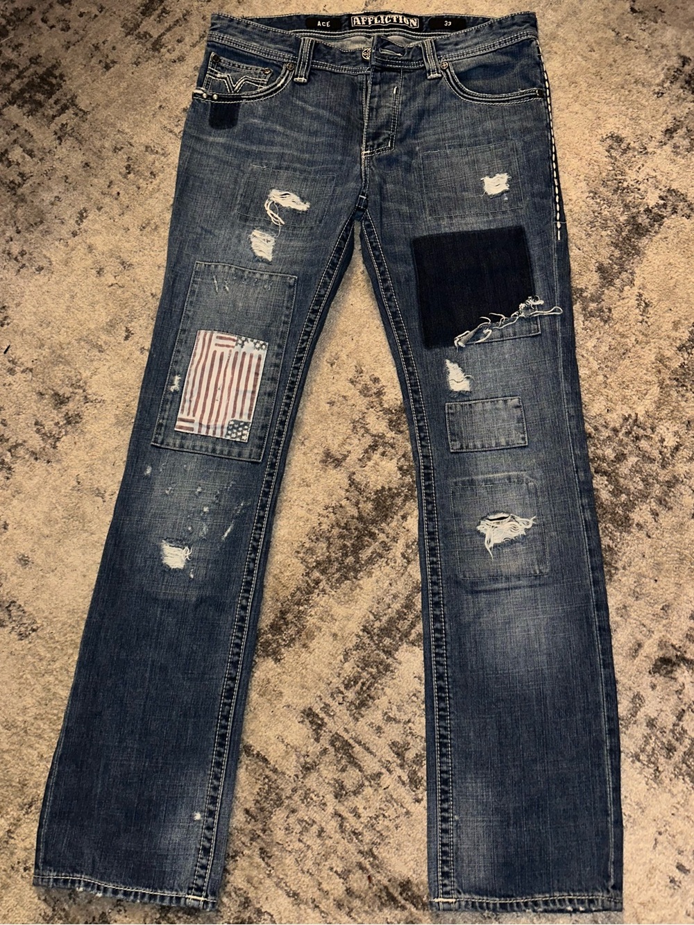 Affliction Patchwork Distressed Jeans - Dark Blue with Black Patch